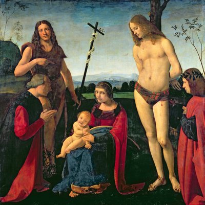 Madonna und Kind mit den Heiligen Johannes dem Täufer und Sebastian zwischen zwei Stiftern, ca. 1500 von Giovanni Antonio Boltraffio